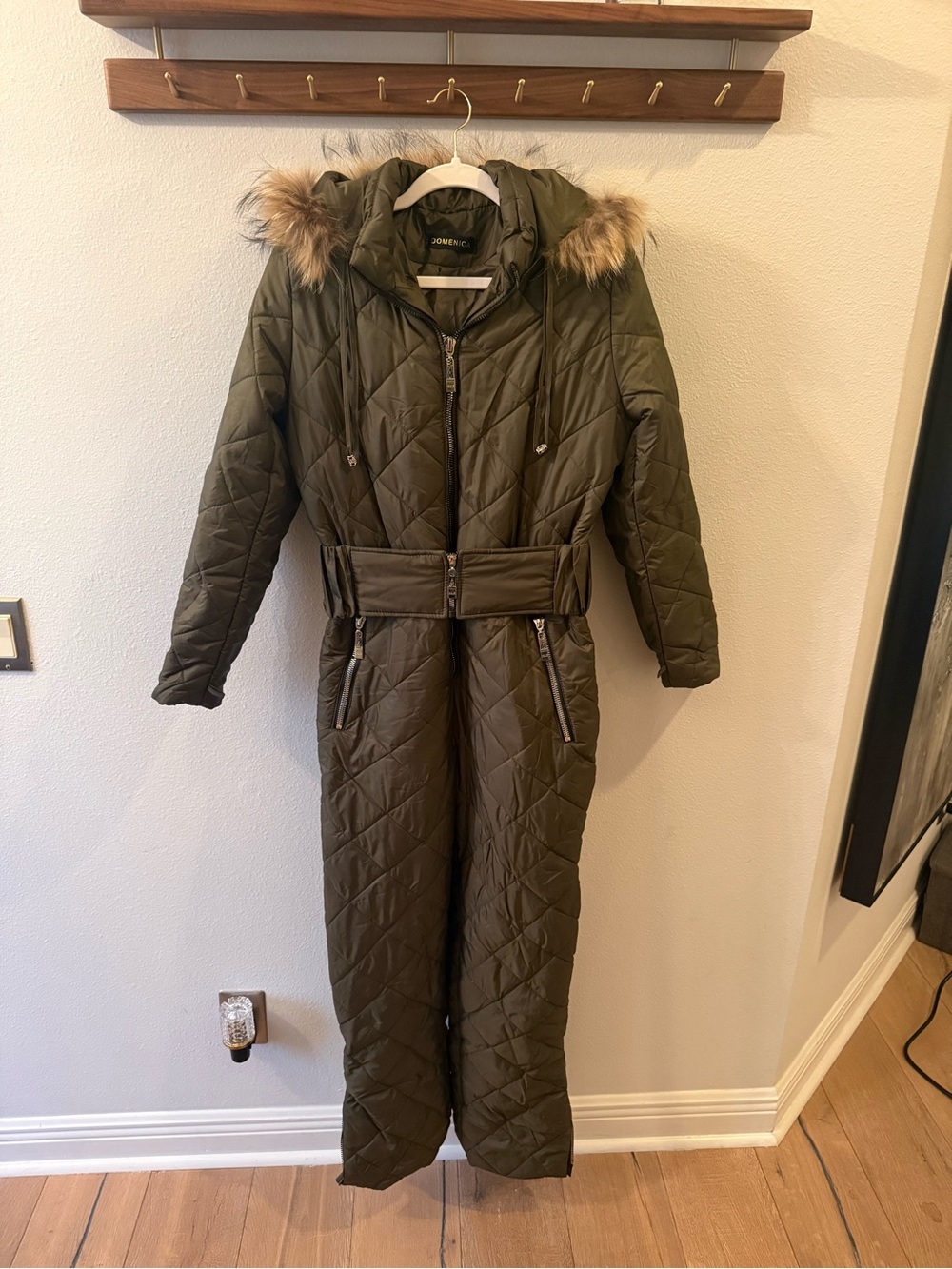 Olive Quilted Insulated Hooded Jumpsuit with Faux-Fur Trim